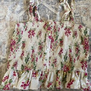 Lulu's Cream Floral Smocked Ruffle Crop Top with Pink and Green Accents